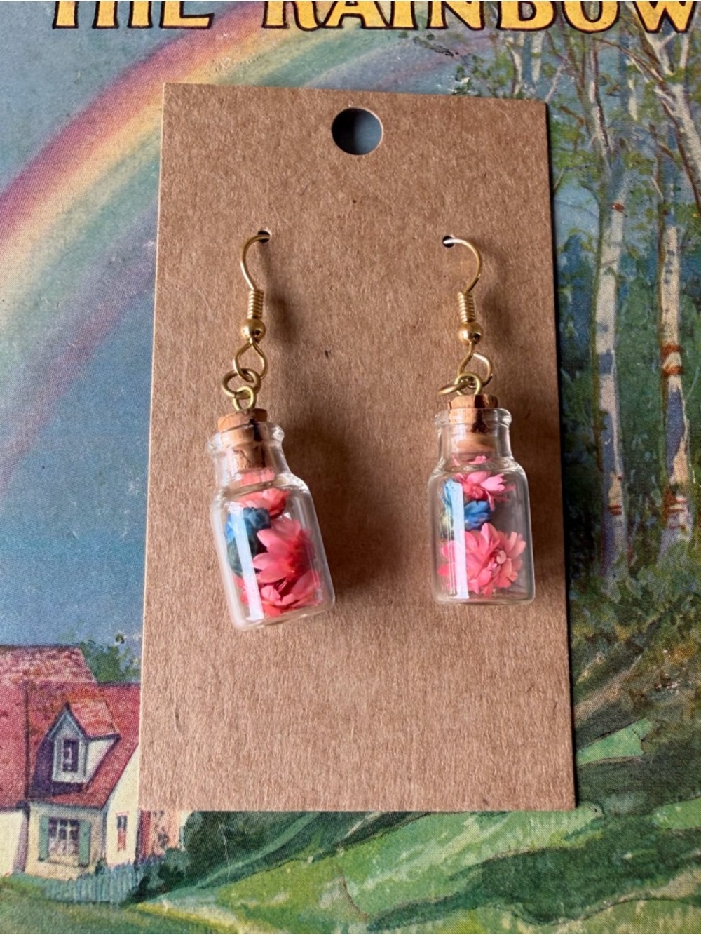Vintage Style Bottle Pierced Earrings Florals So Sweet! Beautiful Condition!
